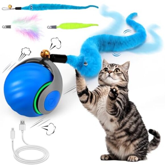 Interactive Cat Toy Ball Automatic Rolling Feather Tails Motion Activated - Picture 2 of 7